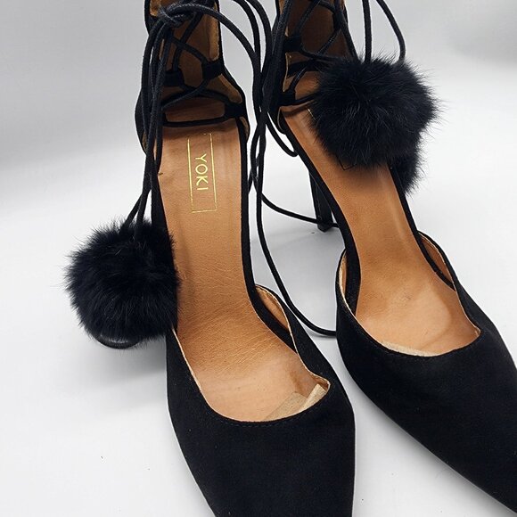 Yoki Elise  Women's Velvet Heels with Pom Poms Size 9.5 Black - Picture 2 of 14